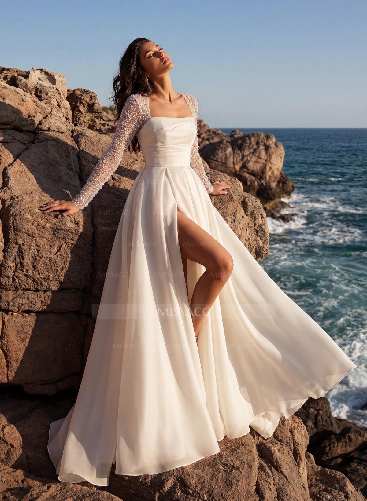A-Line Square Neckline Long Sleeves Chiffon Wedding Dresses With High Split