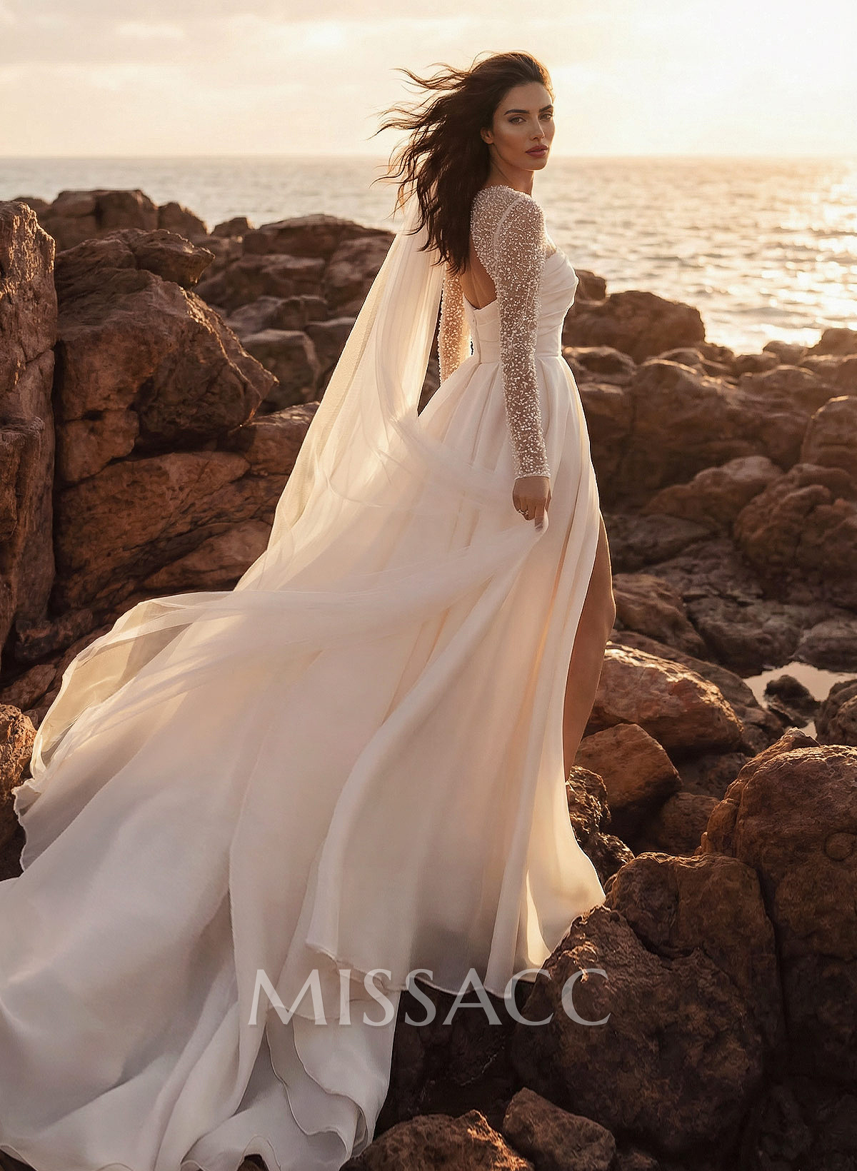 A-Line Square Neckline Long Sleeves Chiffon Wedding Dresses With High Split