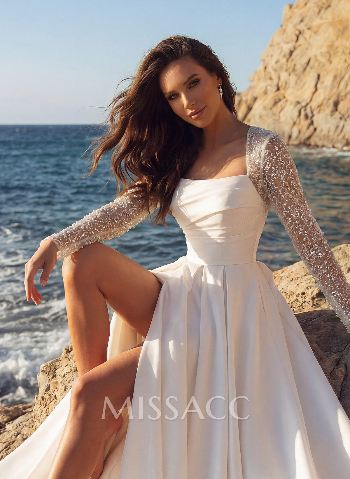 A-Line Square Neckline Long Sleeves Chiffon Wedding Dresses With High Split