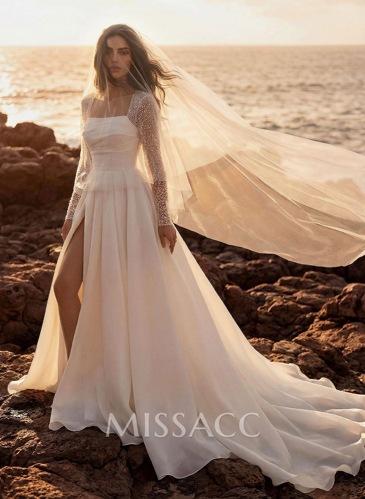 A-Line Square Neckline Long Sleeves Chiffon Wedding Dresses With High Split