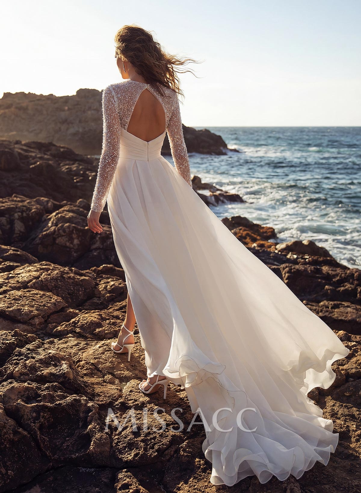 A-Line Square Neckline Long Sleeves Chiffon Wedding Dresses With High Split