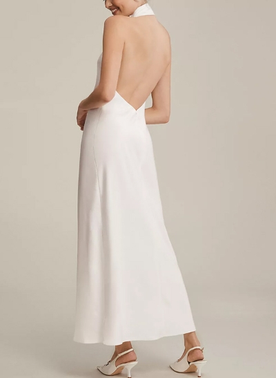 A-Line Halter Sleeveless Elastic Satin Wedding Dresses With Back Hole