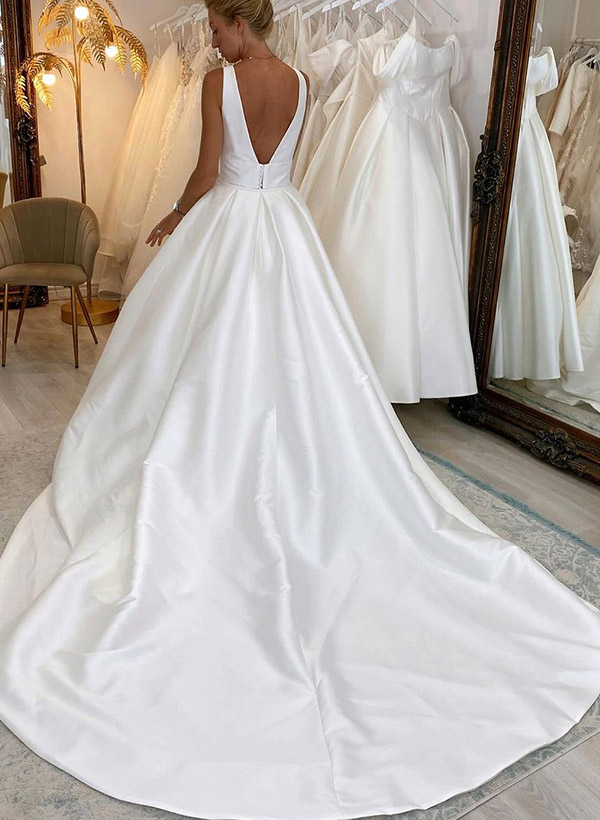 A-Line V-Neck Sleeveless Sweep Train Satin Wedding Dresses With High Split
