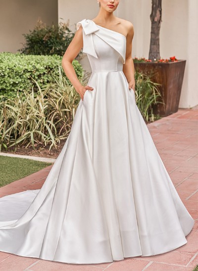 One-Shoulder Sleeveless Sweep Train Satin Wedding Dresses With Bow(s)