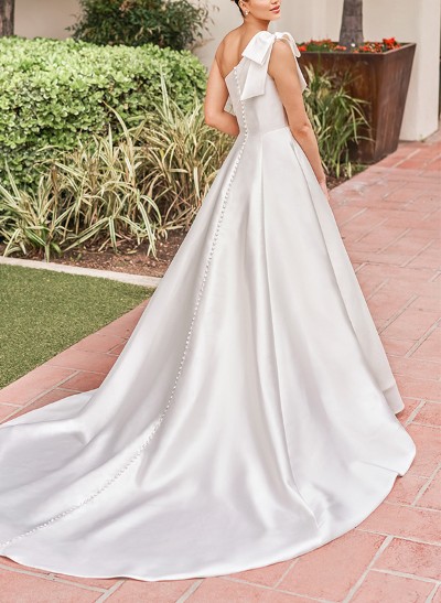 One-Shoulder Sleeveless Sweep Train Satin Wedding Dresses With Bow(s)