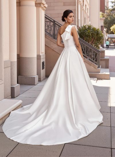 One-Shoulder Sleeveless Sweep Train Satin Wedding Dresses With Bow(s)