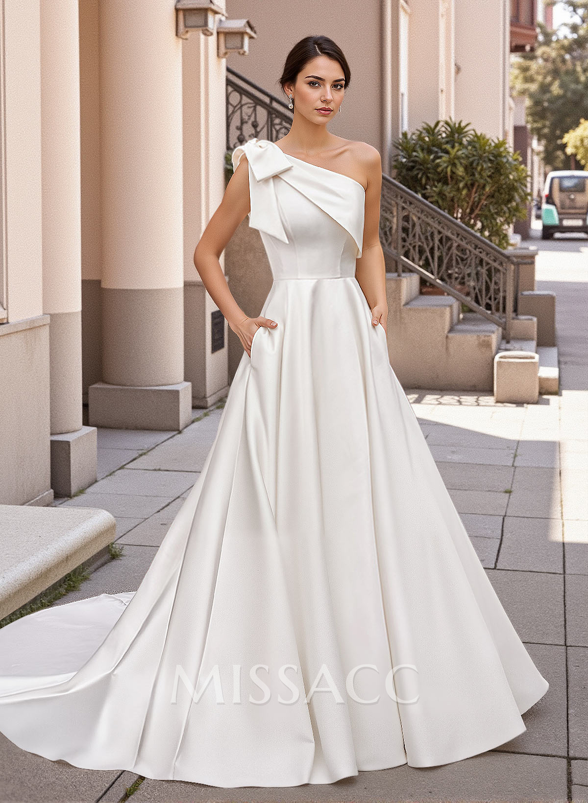 One-Shoulder Sleeveless Sweep Train Satin Wedding Dresses With Bow(s) One-Shoulder Sleeveless Sweep Train Satin Wedding Dresses With Bow(s)