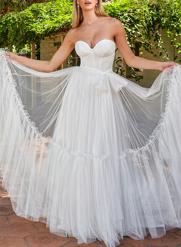 A-Line Sweetheart Sleeveless Sweep Train Tulle Wedding Dresses
