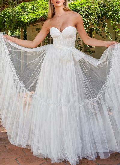 A-Line Sweetheart Sleeveless Sweep Train Tulle Wedding Dresses