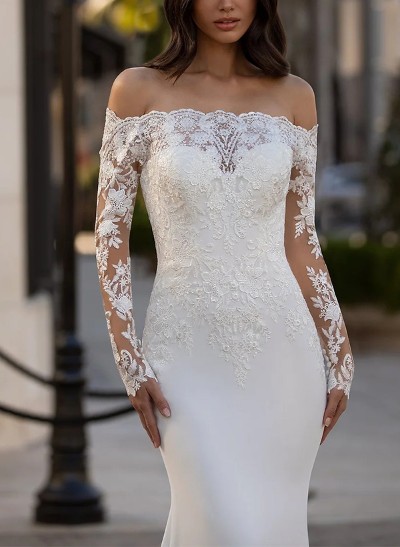 Off-The-Shoulder Long Sleeves Sweep Train Lace Wedding Dresses