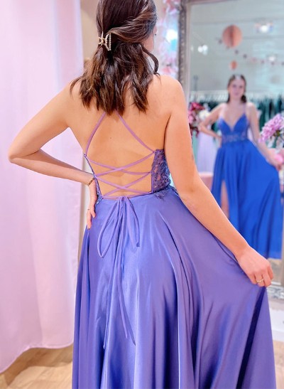 A-Line V-Neck Sleeveless Floor-Length Silk Like Satin Prom Dresses With High Split