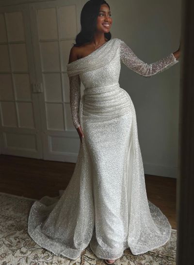 Asymmetrical Neck Sequined Long Sleeves Wedding Dresses