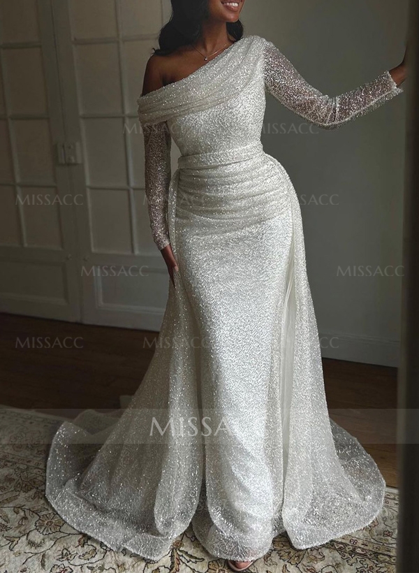 Asymmetrical Neck Sequined Long Sleeves Wedding Dresses