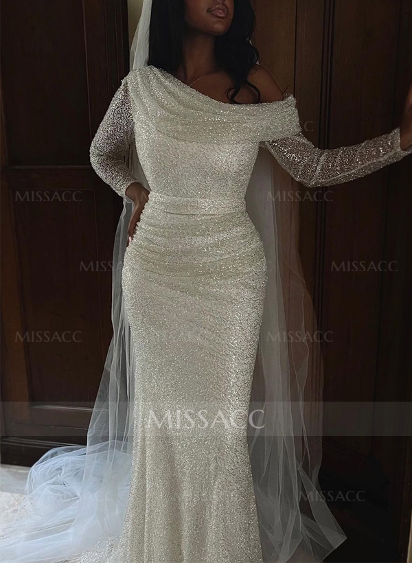 Asymmetrical Neck Sequined Long Sleeves Wedding Dresses