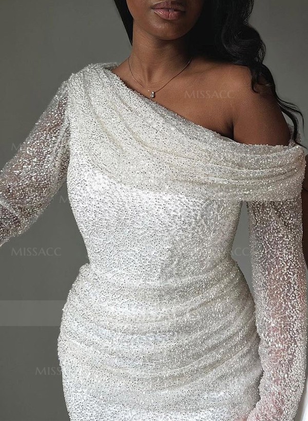 Asymmetrical Neck Sequined Long Sleeves Wedding Dresses