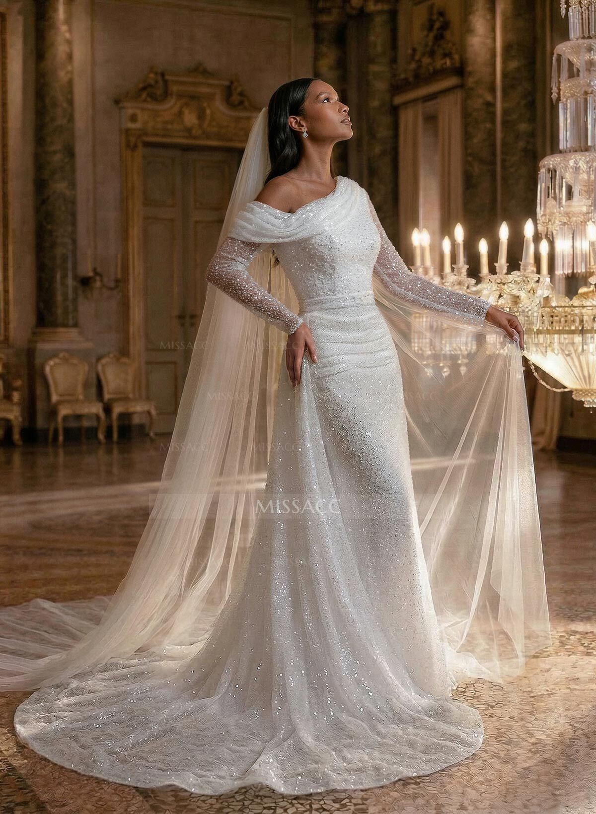 Asymmetrical Neck Sequined Long Sleeves Wedding Dresses