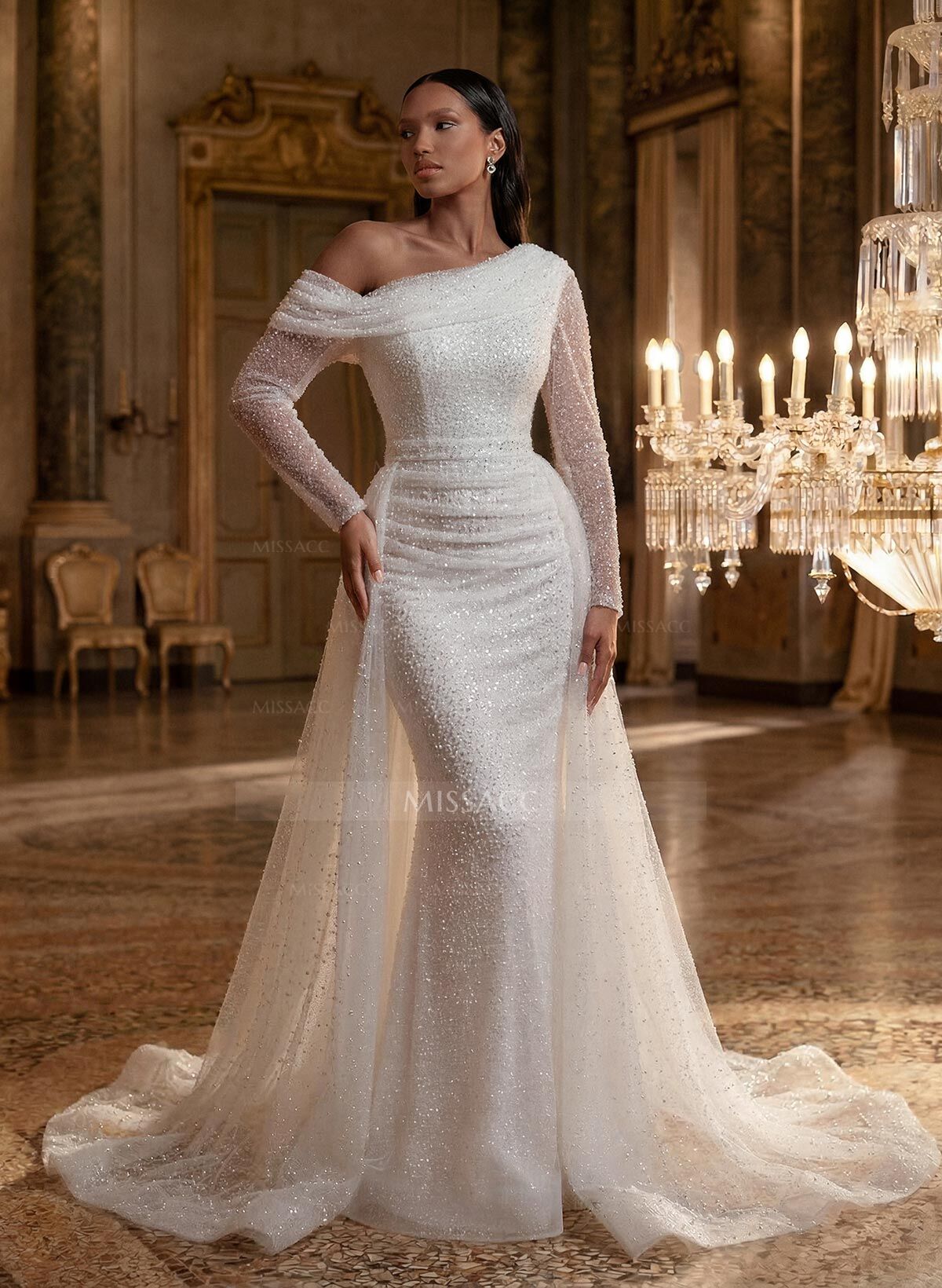 Asymmetrical Neck Sequined Long Sleeves Wedding Dresses
