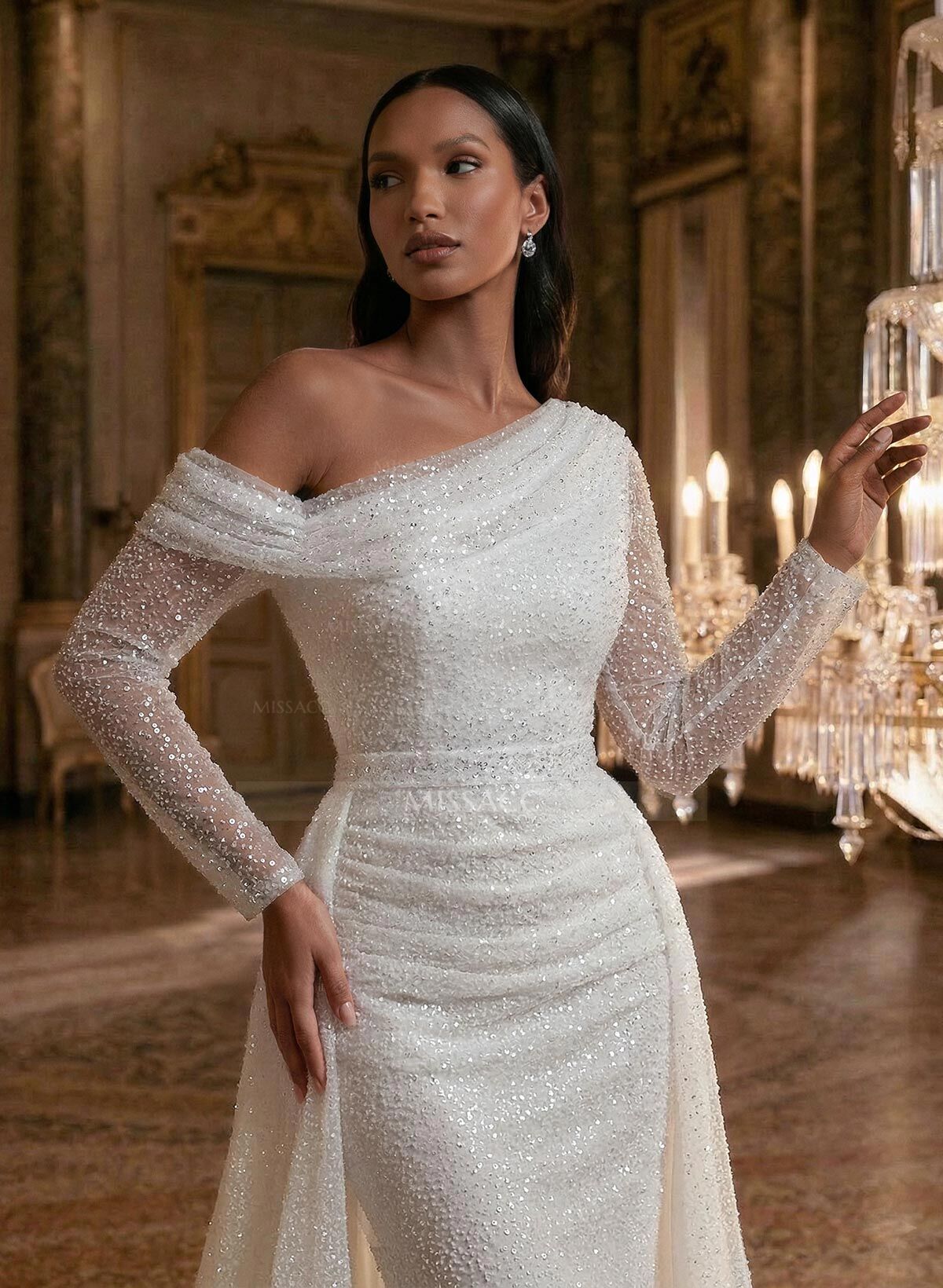 Asymmetrical Neck Sequined Long Sleeves Wedding Dresses