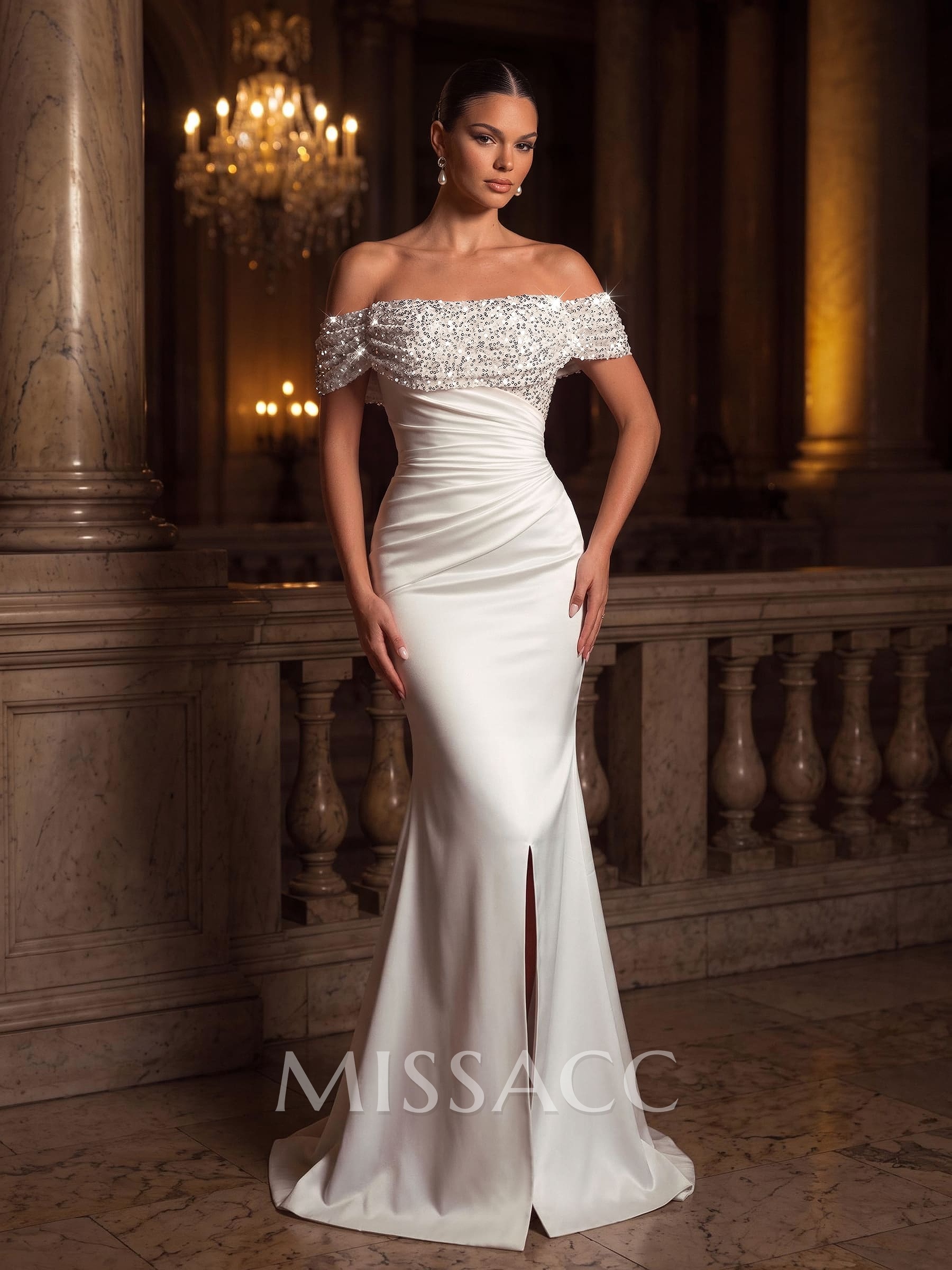 Off-The-Shoulder Trumpet/Mermaid Sequined Wedding Dresses Off-The-Shoulder Trumpet/Mermaid Sequined Wedding Dresses