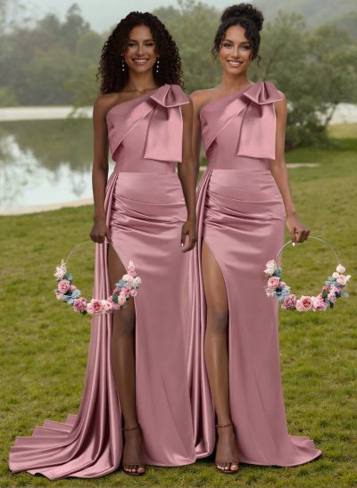 Unique Bow Accented One-Shoulder Ruched Wasit Satin Bridesmaid Dresses With High Split