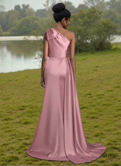 Unique Bow Accented One-Shoulder Ruched Wasit Satin Bridesmaid Dresses With High Split