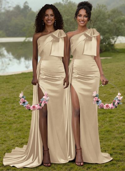 Unique Bow Accented One-Shoulder Ruched Wasit Satin Bridesmaid Dresses With High Split