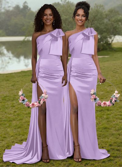 Unique Bow Accented One-Shoulder Ruched Wasit Satin Bridesmaid Dresses With High Split