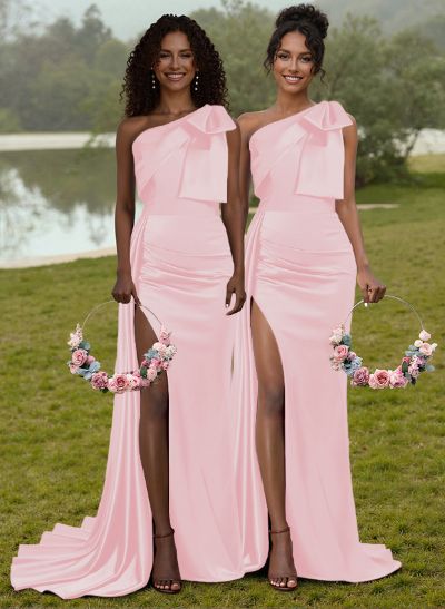 Unique Bow Accented One-Shoulder Ruched Wasit Satin Bridesmaid Dresses With High Split