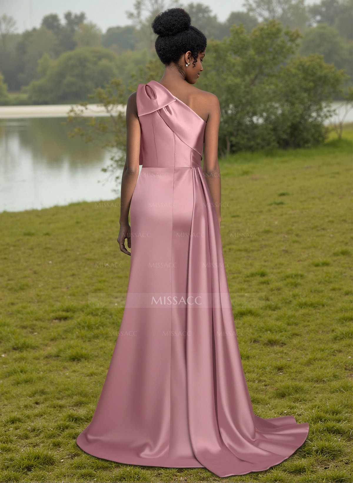 Sheath/Column One-Shoulder Sleeveless Satin Bridesmaid Dress With Bow(s)