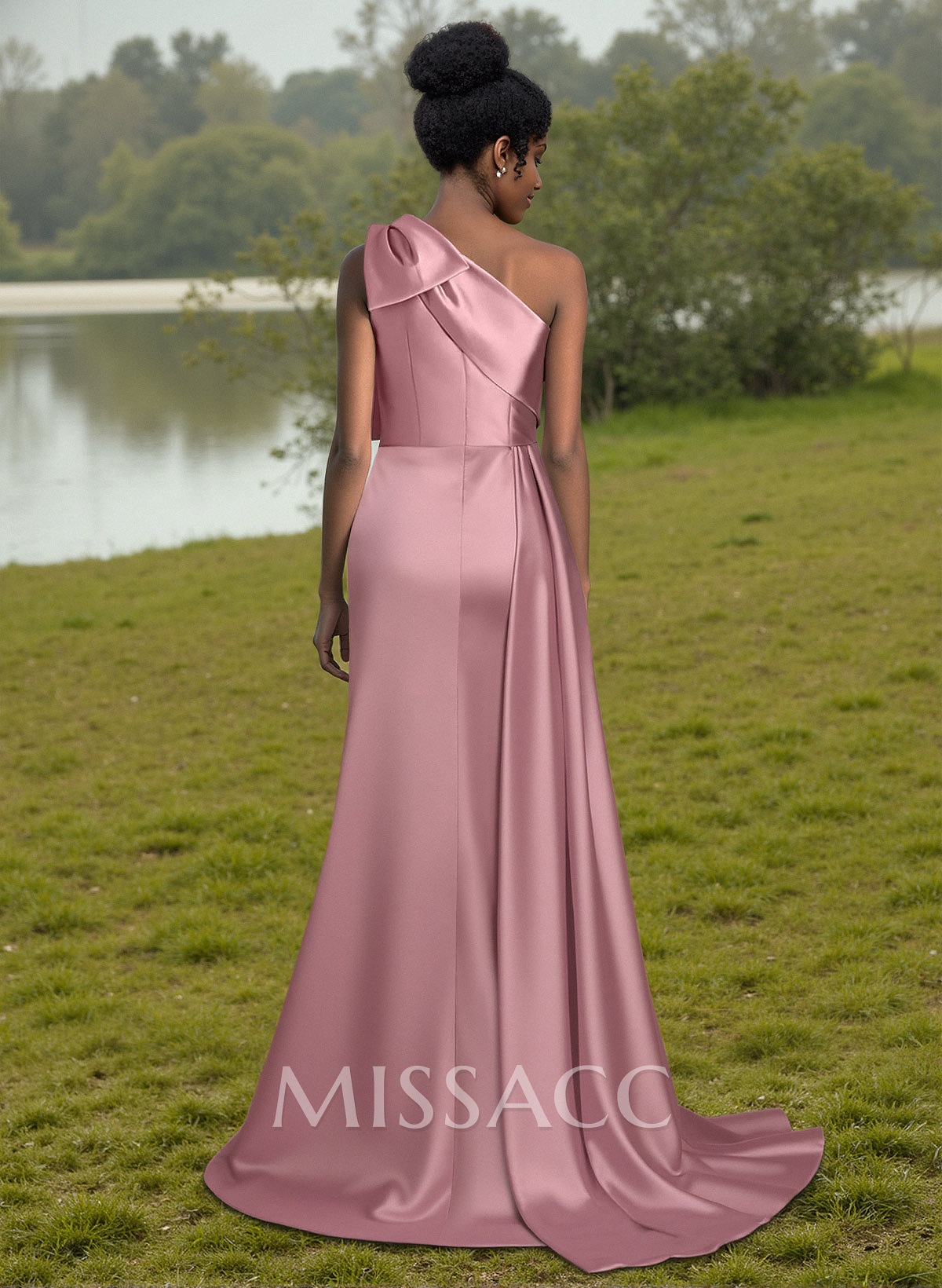 Unique Bow Accented One-Shoulder Ruched Wasit Satin Bridesmaid Dresses With High Split Unique Bow Accented One-Shoulder Ruched Wasit Satin Bridesmaid Dresses With High Split