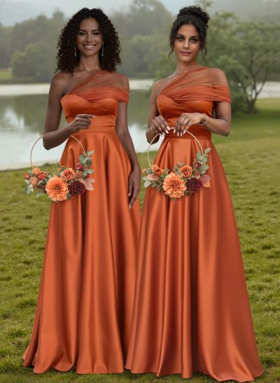 A-Line One-Shoulder Sleeveless Silk Like Satin Bridesmaid Dresses