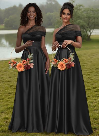 Unique Semi Sheer Illusion One-Shoulder Silk Like Satin Bridesmaid Dresses