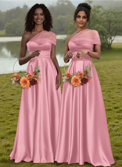 Unique Semi Sheer Illusion One-Shoulder Silk Like Satin Bridesmaid Dresses