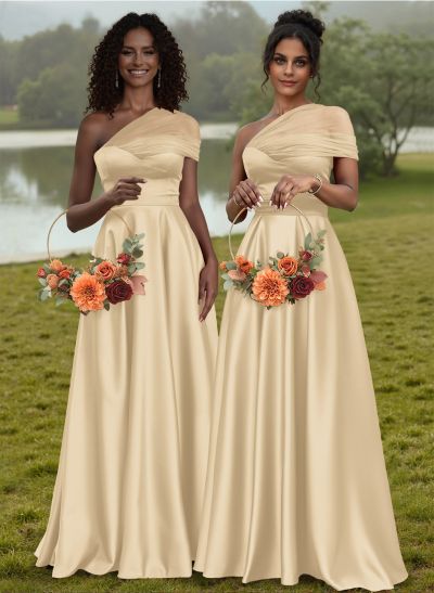 Unique Semi Sheer Illusion One-Shoulder Silk Like Satin Bridesmaid Dresses