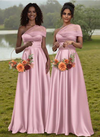 A-Line One-Shoulder Sleeveless Silk Like Satin Bridesmaid Dresses