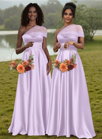 Unique Semi Sheer Illusion One-Shoulder Silk Like Satin Bridesmaid Dresses