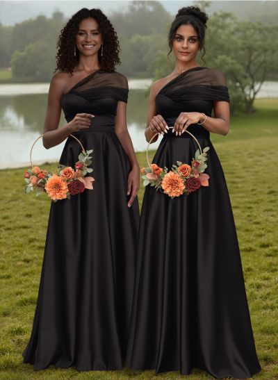Unique Semi Sheer Illusion One-Shoulder Satin Bridesmaid Dresses