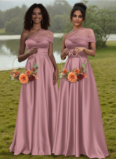 Unique Semi Sheer Illusion One-Shoulder Satin Bridesmaid Dresses