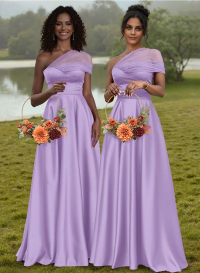 Unique Semi Sheer Illusion One-Shoulder Satin Bridesmaid Dresses