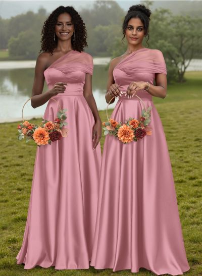 Unique Semi Sheer Illusion One-Shoulder Satin Bridesmaid Dresses