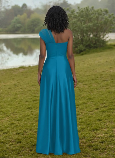 Unique Semi Sheer Illusion One-Shoulder Satin Bridesmaid Dresses