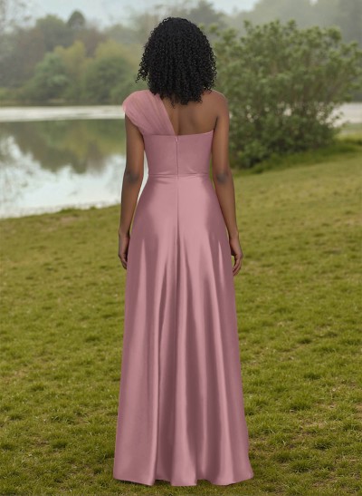 Unique Semi Sheer Illusion One-Shoulder Satin Bridesmaid Dresses