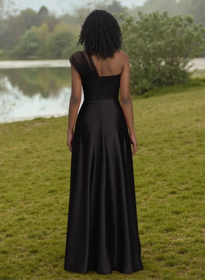 Unique Semi Sheer Illusion One-Shoulder Satin Bridesmaid Dresses