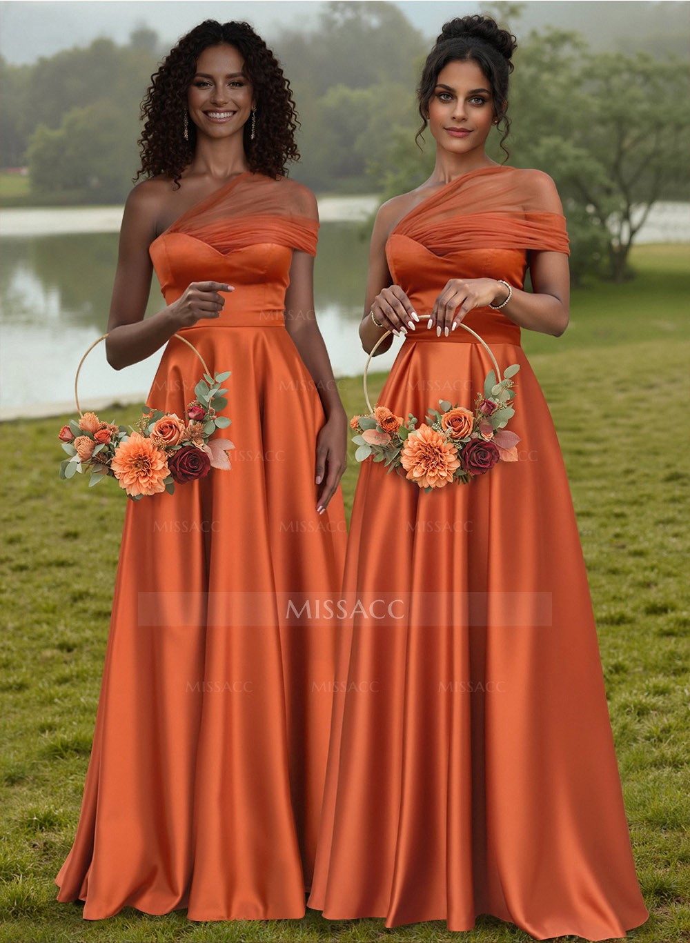 Unique Semi Sheer Illusion One-Shoulder Satin Bridesmaid Dresses