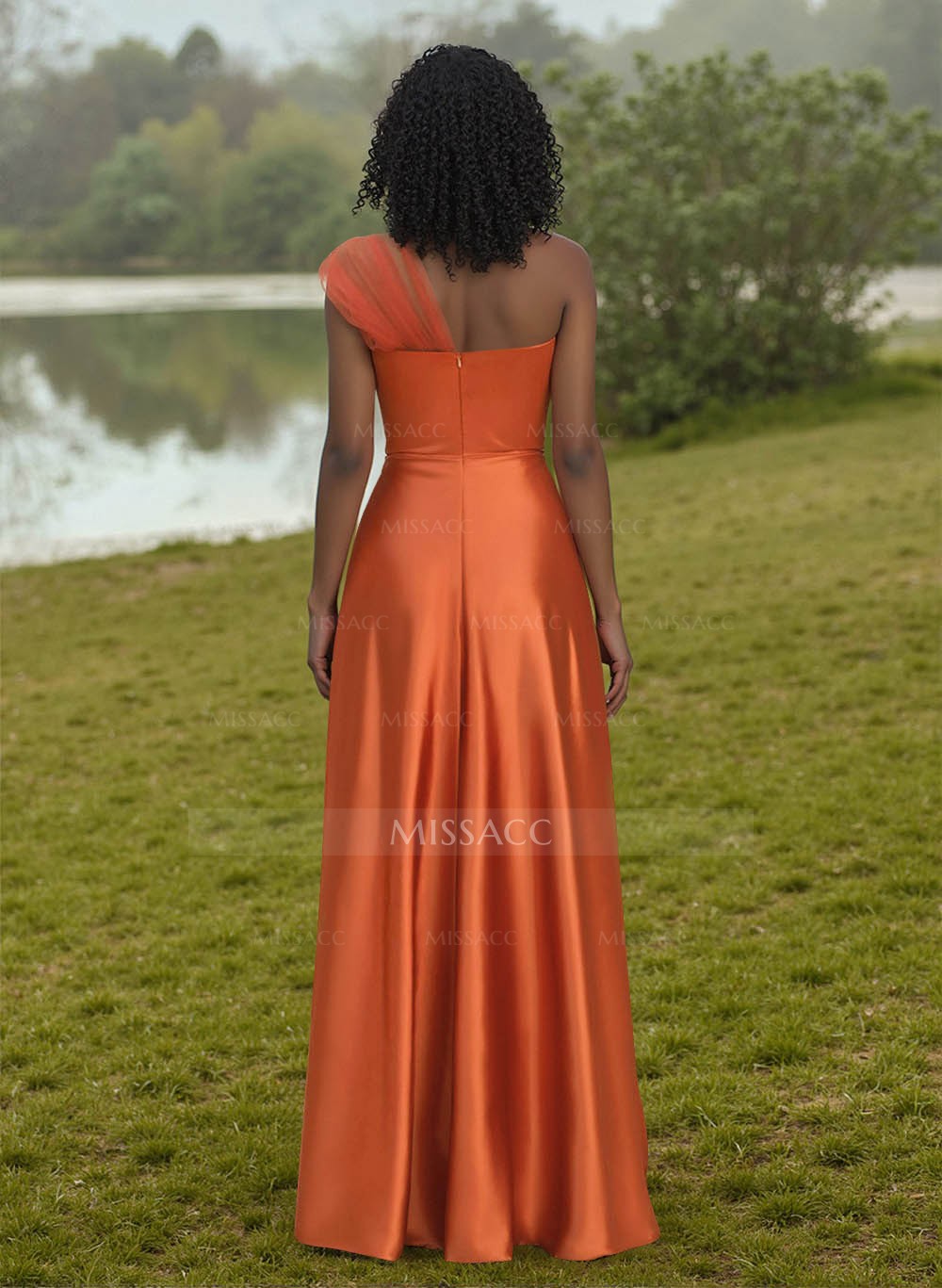 Unique Semi Sheer Illusion One-Shoulder Satin Bridesmaid Dresses
