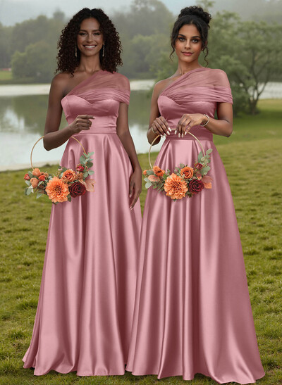 Unique Semi Sheer Illusion One-Shoulder Satin Bridesmaid Dresses