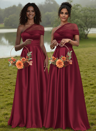 Unique Semi Sheer Illusion One-Shoulder Satin Bridesmaid Dresses