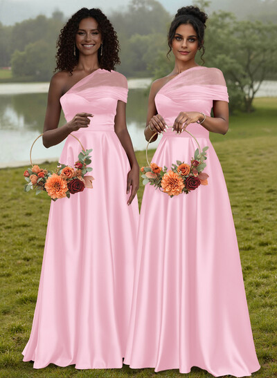 Unique Semi Sheer Illusion One-Shoulder Satin Bridesmaid Dresses