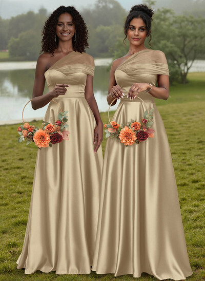Unique Semi Sheer Illusion One-Shoulder Satin Bridesmaid Dresses