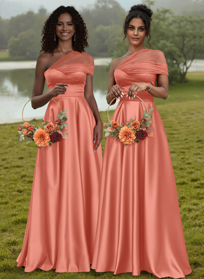 Unique Semi Sheer Illusion One-Shoulder Satin Bridesmaid Dresses